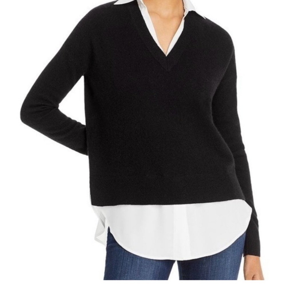 C by Bloomingdale’s Cashmere, Black V-Neck Sweater with Crisp White Blouse